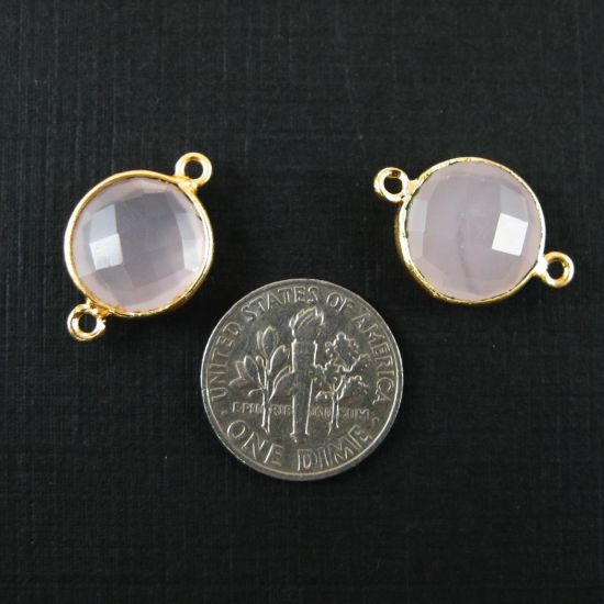 Wholesale Gold Over Sterling Silver Bezel Gemstone Link - Faceted Coin Shape - Pink Chalcedony