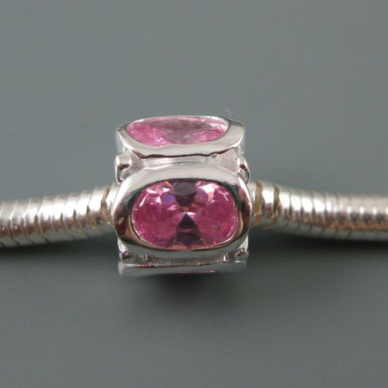 Wholesale European .925 Sterling Silver Charm Beads with Pink CZ Oval Stones