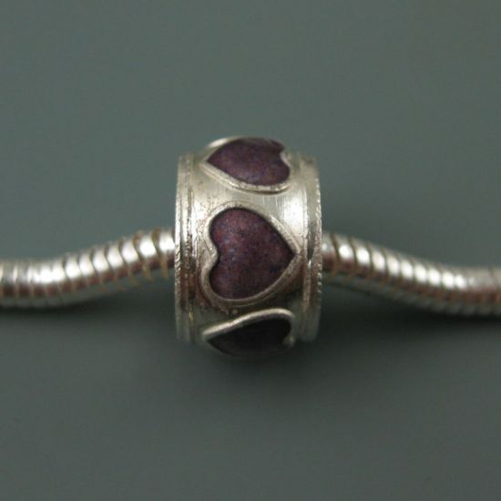 Wholesale European .925 Sterling Silver Fancy Charm Bead with Purple Hearts