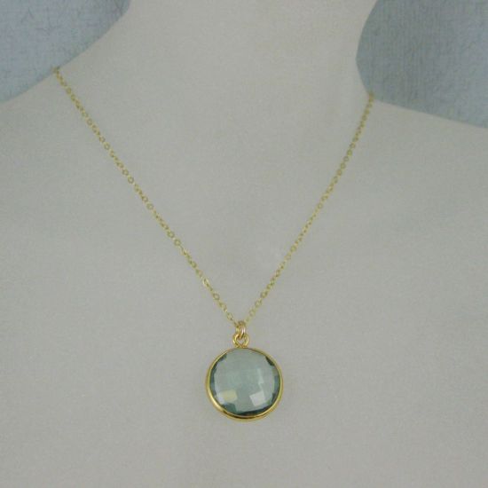 Wholesale Bezel Gemstone Round Pendant Necklace - Gold Plated Chain - Aqua Quartz (16-24")