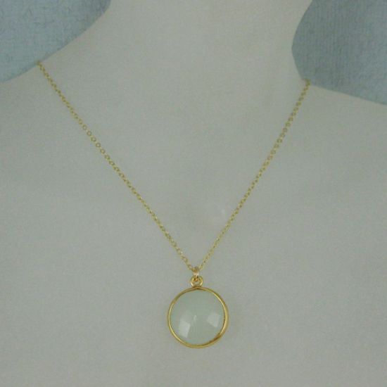 Wholesale Bezel Gemstone Round Pendant Necklace - Gold Plated Chain - Aqua Chalcedony (16-24")