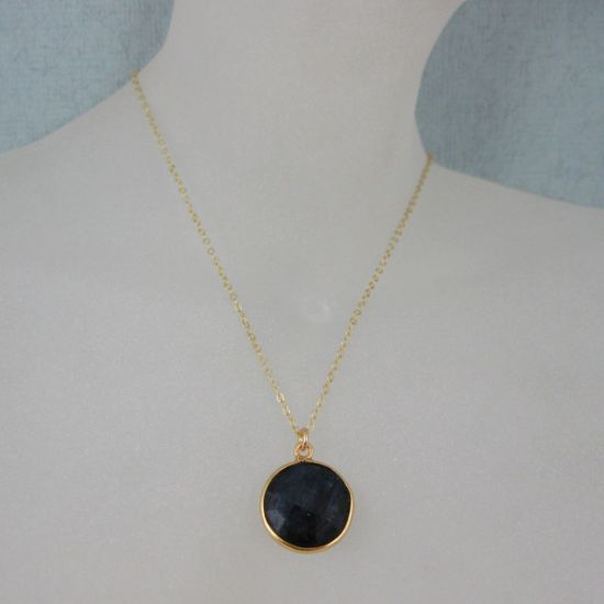 Wholesale Bezel Gemstone Round Pendant Necklace - Gold Plated Chain - Blue Sapphire Dyed (16-24")