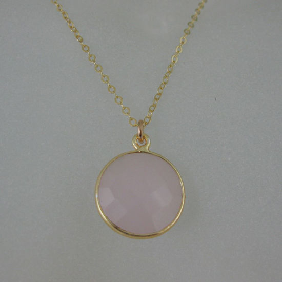 Wholesale Bezel Gemstone Round Pendant Necklace - Gold Plated Chain - Pink Chalcedony (16-24")