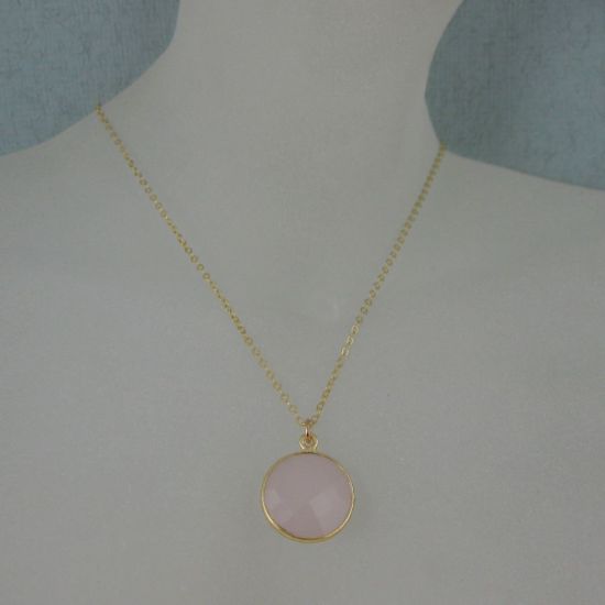 Wholesale Bezel Gemstone Round Pendant Necklace - Gold Plated Chain - Pink Chalcedony (16-24")