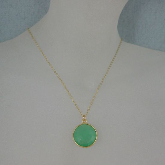 Wholesale Bezel Gemstone Round Pendant Necklace - Gold Plated Chain - Prenite Chalcedony (16-24")