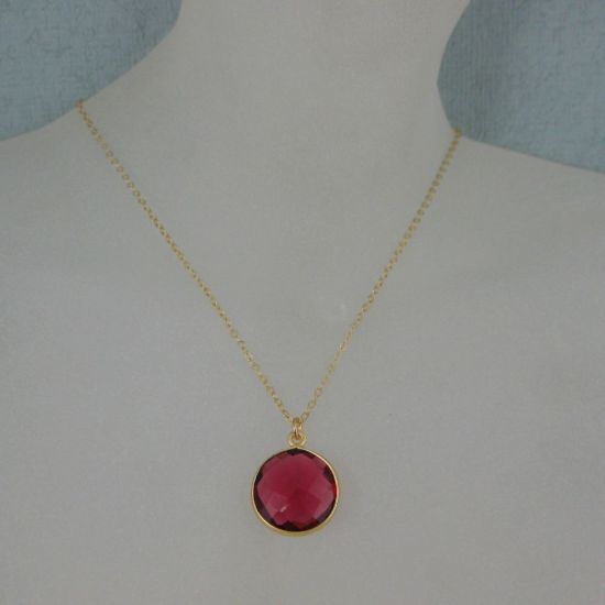 Wholesale Bezel Gemstone Round Pendant Necklace - Gold Plated Chain - Rubylite Quartz (16-24")