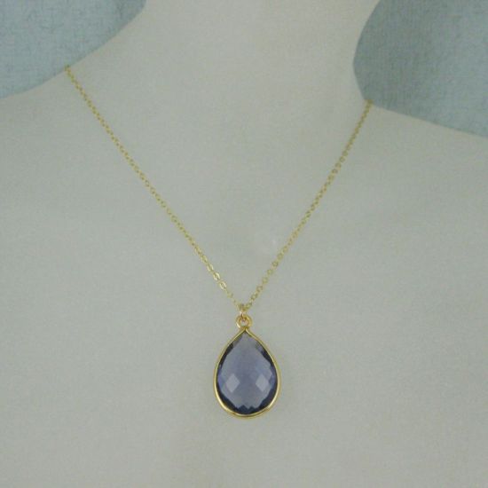 Wholesale Bezel Gemstone Tear Pendant Necklace - Gold Plated Chain - Iolite Quartz (16 - 24 inch)