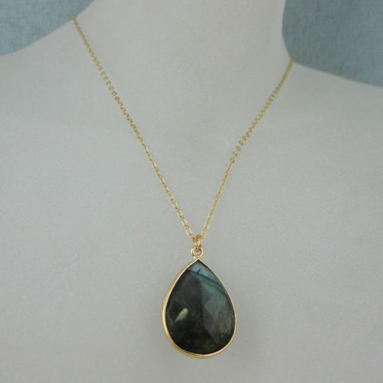 Wholesale Bezel Gemstone Tear Pendant Necklace - Gold Plated Chain -Labradorite (16 - 24 inch)