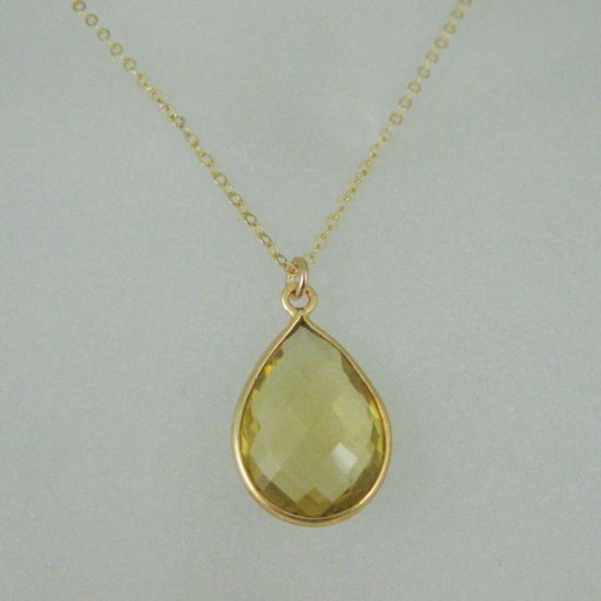 Wholesale Bezel Gemstone Tear Pendant Necklace - Gold Plated Chain - Lemon Quartz (16 - 24 inch)