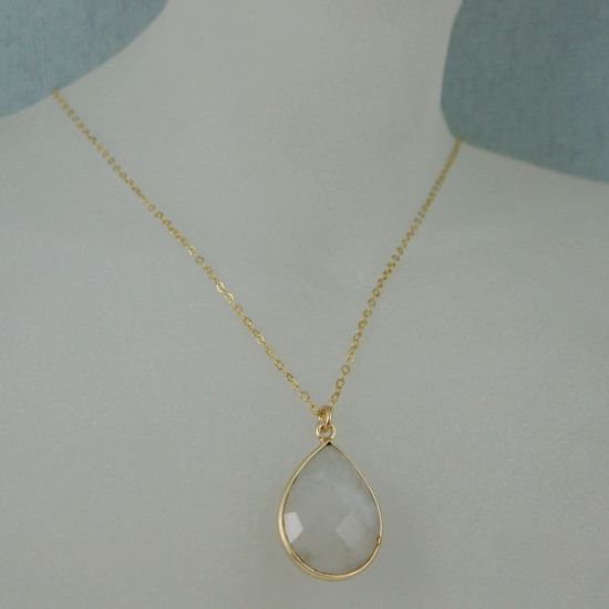 Wholesale Bezel Gemstone Tear Pendant Necklace - Gold Plated Chain - Moonstone (16 - 24 inch)
