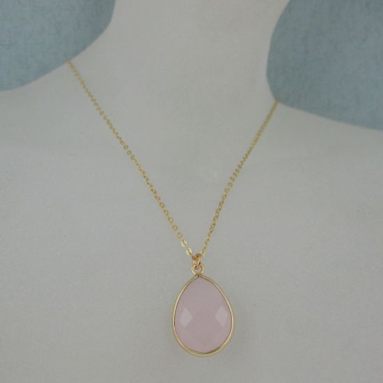 Wholesale Bezel Gemstone Tear Pendant Necklace - Gold Plated Chain -Pink Chalcedony (16 - 24 inch)