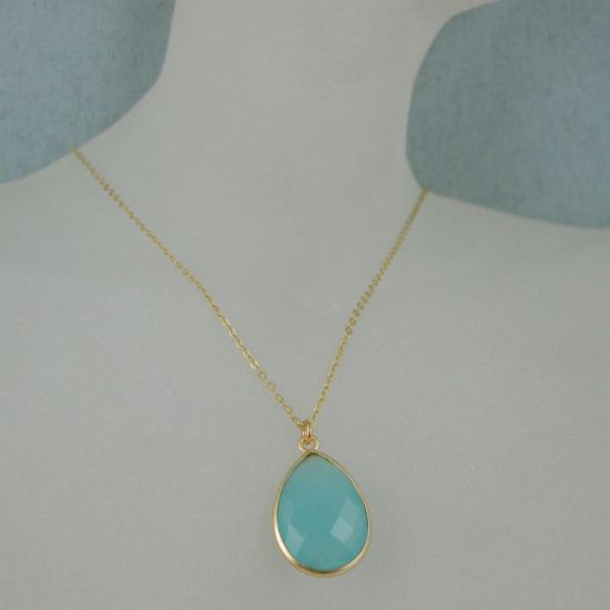 Wholesale Bezel Gemstone Tear Pendant Necklace - Gold Plated Chain - Peru Chalcedony (16 - 24 inch)