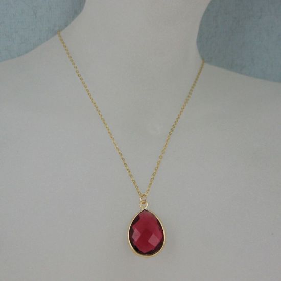 Wholesale Bezel Gemstone Tear Pendant Necklace - Gold Plated Chain - Rubylite Quartz (16 - 24 inch)