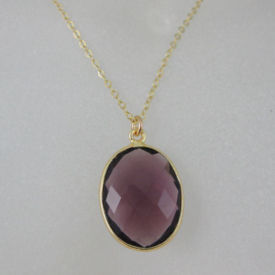 Wholesale Bezel Gemstone Oval Pendant Necklace - Gold Plated Chain - Amethyst (16-24")