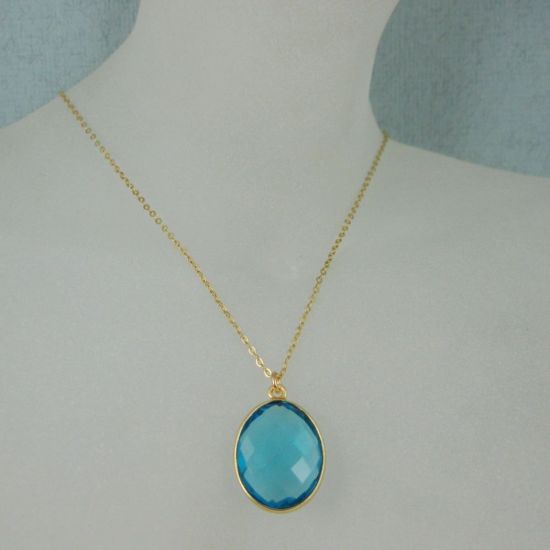 Wholesale Bezel Gemstone Oval Pendant Necklace - Gold Plated Chain - Blue Quartz (16-24")
