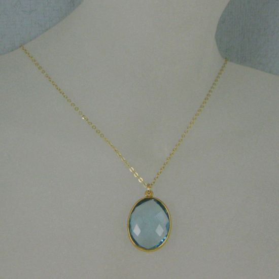 Wholesale Bezel Gemstone Oval Pendant Necklace - Gold Plated Chain - Blue Topaz (16-24")