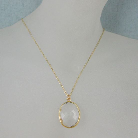 Wholesale Bezel Gemstone Oval Pendant Necklace - Gold Plated Chain - Crystal Quartz (16-24")