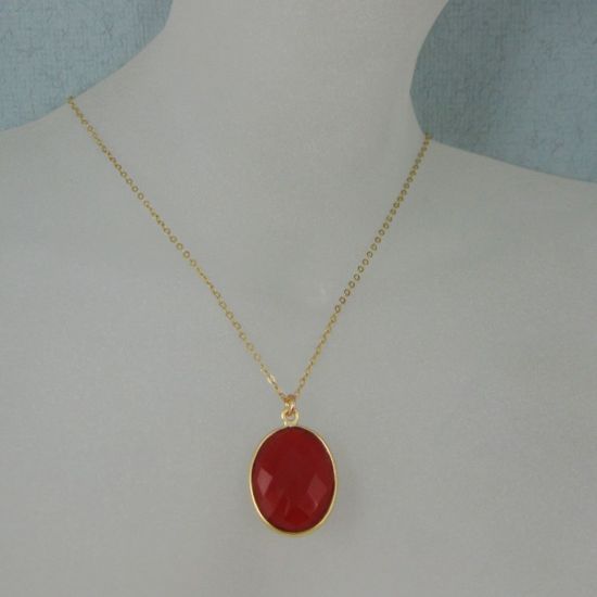 Wholesale Bezel Gemstone Oval Pendant Necklace - Gold Plated Chain - Carnelian (16-24")