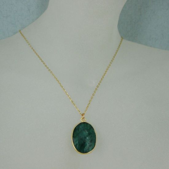 Wholesale Bezel Gemstone Oval Pendant Necklace - Gold Plated Chain - Emerald Dyed (16-24")