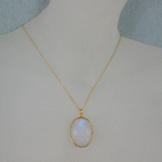 Wholesale Bezel Gemstone Oval Pendant Necklace - Gold Plated Chain - Moonstone (16-24")