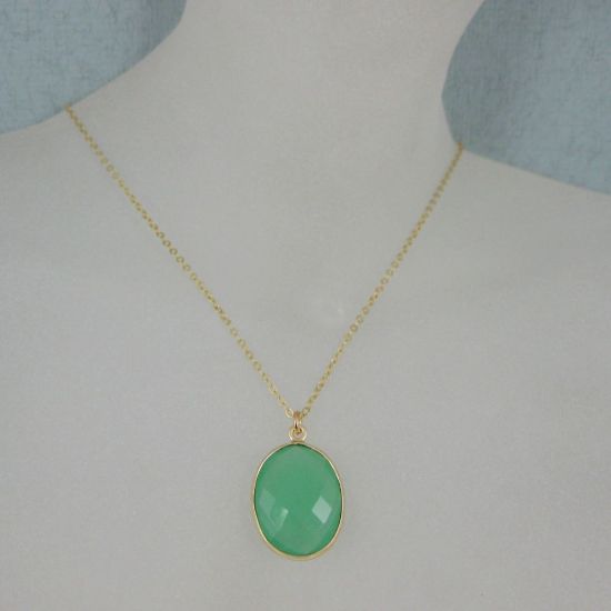 Wholesale Bezel Gemstone Oval Pendant Necklace - Gold Plated Chain - Prenite Chalcedony (16-24")
