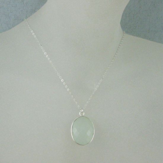 Wholesale Bezel Gemstone Oval Pendant Necklace - Silver Sterling Chain - Aqua Chalcedony (16-24")