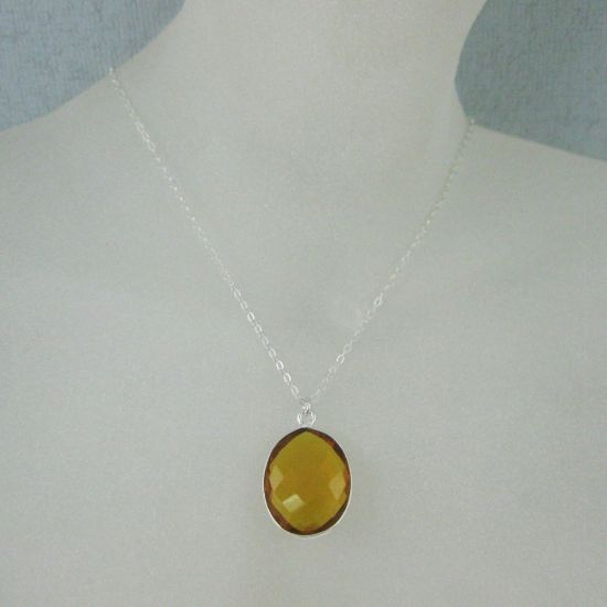 Wholesale Bezel Gemstone Oval Pendant Necklace - Silver Sterling Chain - Citrine Quartz (16-24")