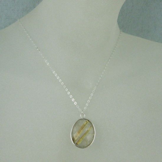 Wholesale Bezel Gemstone Oval Pendant Necklace - Silver Sterling Chain - Gold Rutilated Quartz (16-24")