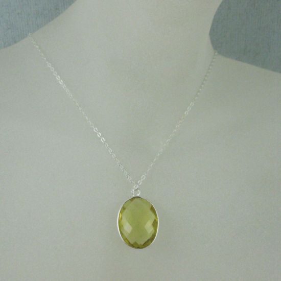 Wholesale Bezel Gemstone Oval Pendant Necklace - Silver Sterling Chain - Lemon Quartz (16-24")