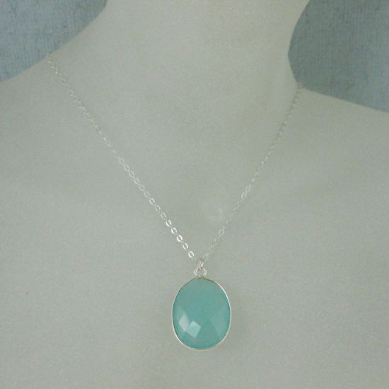 Wholesale Bezel Gemstone Oval Pendant Necklace - Silver Sterling Chain - Peru Chalcedony (16-24")