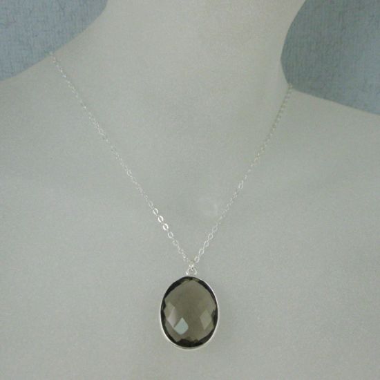 Wholesale Bezel Gemstone Oval Pendant Necklace - Silver Sterling Chain - Smoky Quartz (16-24")