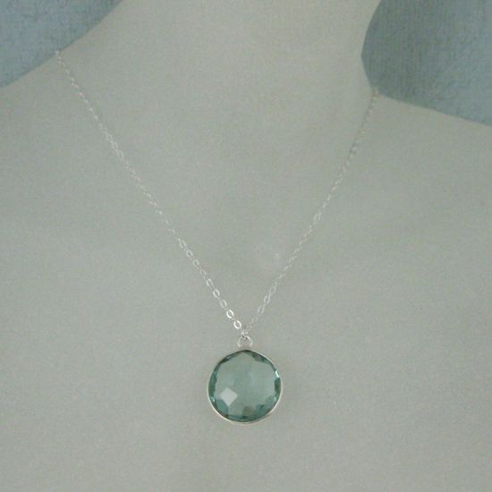 Wholesale Bezel Gemstone Round Pendant Necklace - Sterling Silver - Aqua Quartz (16-24")