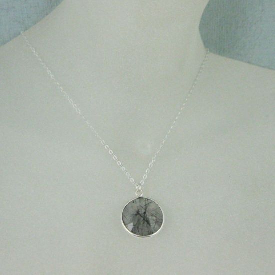 Wholesale Bezel Gemstone Round Pendant Necklace - Sterling Silver - Black Rutilated Quartz (16-24")