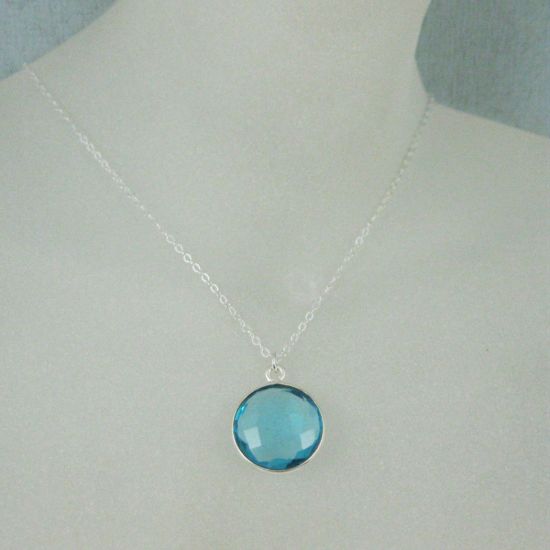 Wholesale Bezel Gemstone Round Pendant Necklace - Sterling Silver - Blue Topaz (16-24")