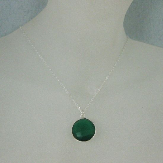 Wholesale Bezel Gemstone Round Pendant Necklace - Sterling Silver - Green Onyx (16-24")