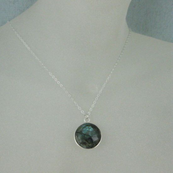 Wholesale Bezel Gemstone Round Pendant Necklace - Sterling Silver - Labradorite (16-24")