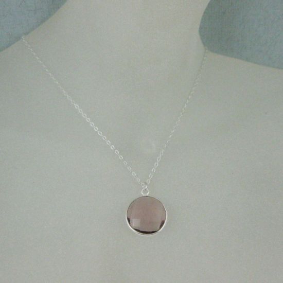Wholesale Bezel Gemstone Round Pendant Necklace - Sterling Silver - Pink Amethyst Quartz (16-24")