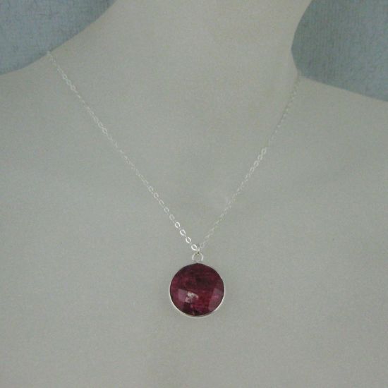 Wholesale Bezel Gemstone Round Pendant Necklace - Sterling Silver - Ruby Dyed (16-24")