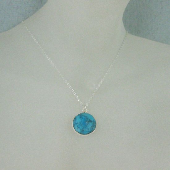 Wholesale Bezel Gemstone Round Pendant Necklace - Sterling Silver - Turquoise (16-24")