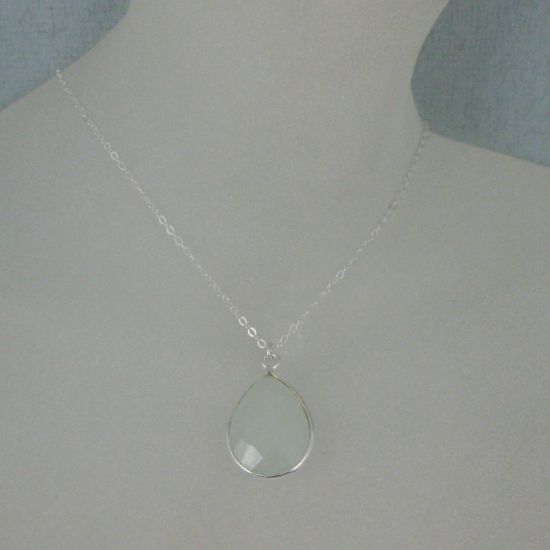 Wholesale Bezel Gemstone Tear Pendant Necklace - Silver Sterling Chain - Aqua Chalcedony (16-24")