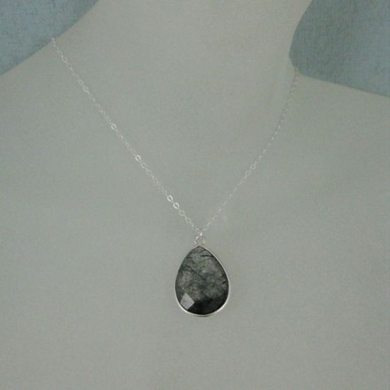 Wholesale Bezel Gemstone Tear Pendant Necklace - Silver Sterling Chain - Black Rutilated Quartz(16-24")