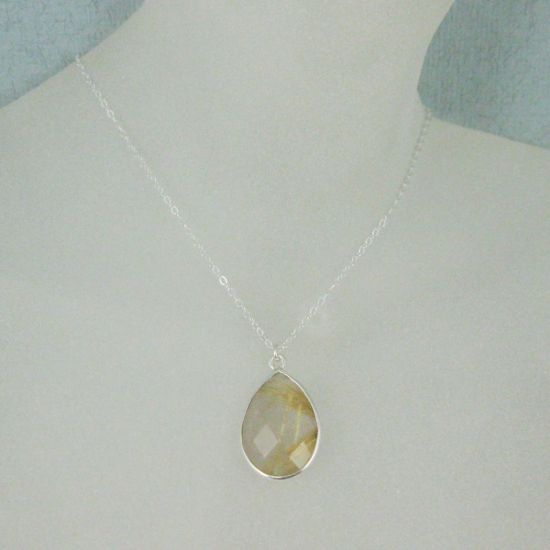 Wholesale Bezel Gemstone Tear Pendant Necklace - Silver Sterling Chain - Gold Rutilated Quartz (16-24")