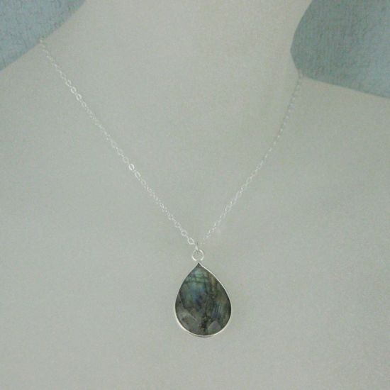 Wholesale Bezel Gemstone Tear Pendant Necklace - Silver Sterling Chain - Labradorite (16-24")