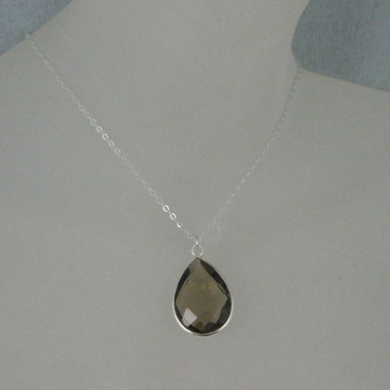 Wholesale Bezel Gemstone Tear Pendant Necklace - Silver Sterling Chain - Smoky Quartz (16-24")