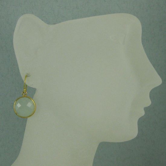 Wholesale Bezel Gemstone Round Pendant Earrings - Gold Plated Hooks - Aqua Chalcedony