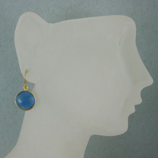 Wholesale Bezel Gemstone Round Pendant Earrings - Gold Plated Hooks - Blue Chalcedony