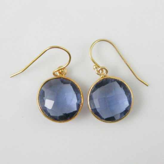 Wholesale Bezel Gemstone Round Pendant Earrings - Gold Plated Hooks- Iolite Quartz