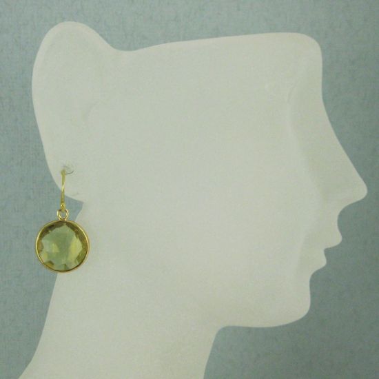 Wholesale Bezel Gemstone Round Pendant Earrings - Gold Plated Hooks - Lemon Quartz