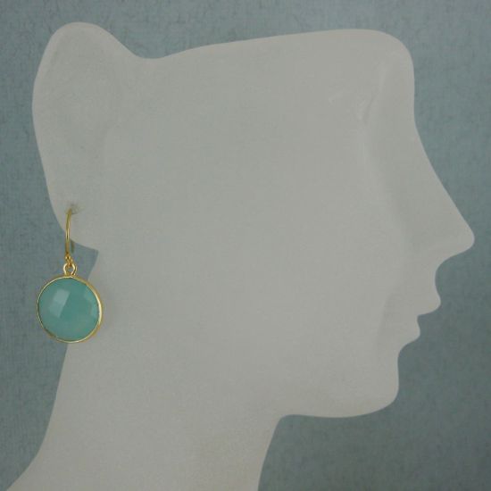 Wholesale Bezel Gemstone Round Pendant Earrings - Gold Plated Hooks - Peru Chalcedony