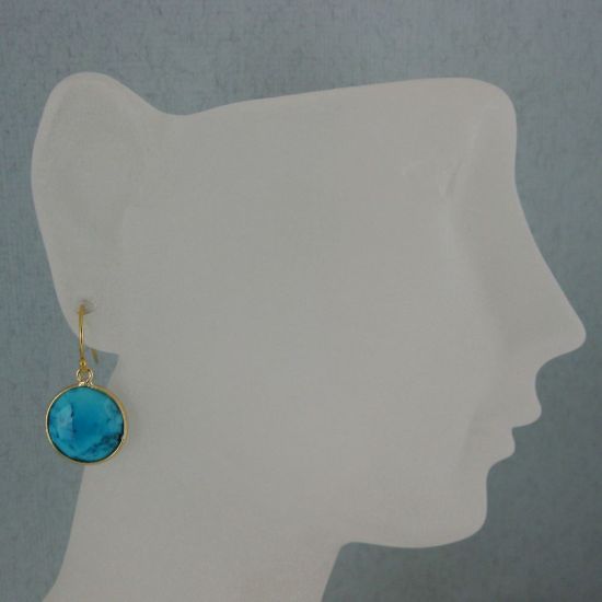 Wholesale Bezel Gemstone Round Pendant Earrings - Gold Plated Hooks - Turquoise